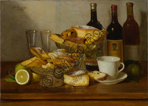 Eugenio De Giacomi (1852 - 1917): "Natura morta con bottiglia", (olio su tela, 50 x 70 cm).