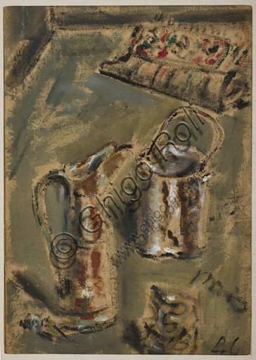 Collezione Assicoop - Unipol: Filippo De PIsis (Ferrara 1896 - 1956), "Natura morta con brocca e secchia", olio su tela.