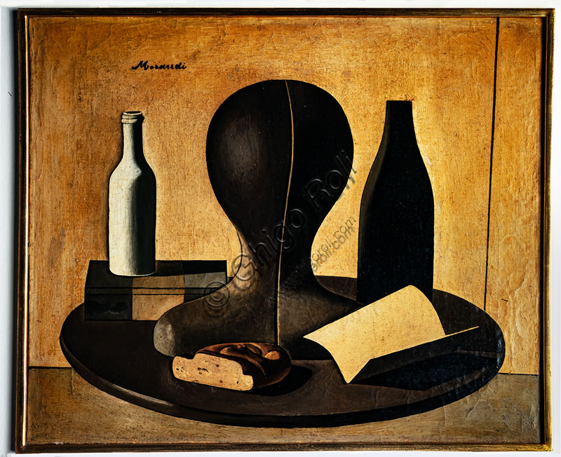  "Still life with mannequin", by Giorgio Morandi, oil painting on canvas, post 1919.