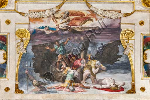  Bologna Palazzo Poggi, Room of Ulysses: vault with episodes of the Odyssey. Detail of the shipwreck of Ulysses.Frescoes by Pellegrino Tibaldi, 1550 - 1551