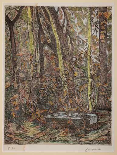 Collezione Assicoop - Unipol, inv. n. 433;Remo Zanerini (1923 -), "Nel bosco". Litografia colorata.