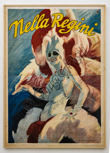 “Nella Regini in the stage dress with feathers and other accessories ”, Illustration by Marcello Dudovich, 1920-5, chromolithography on paper.