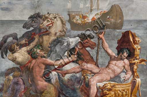  Bologna Palazzo Poggi, Room of Polyphemus: vault with episodes of the Odyssey. Detail of Neptune and the ship of Ulysses.Frescoes by Pellegrino Tibaldi, 1550 - 1551