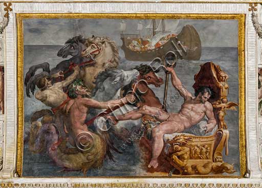  Bologna Palazzo Poggi, Room of Polyphemus: vault with episodes of the Odyssey. Detail of Neptune and the ship of Ulysses.Frescoes by Pellegrino Tibaldi, 1550 - 1551