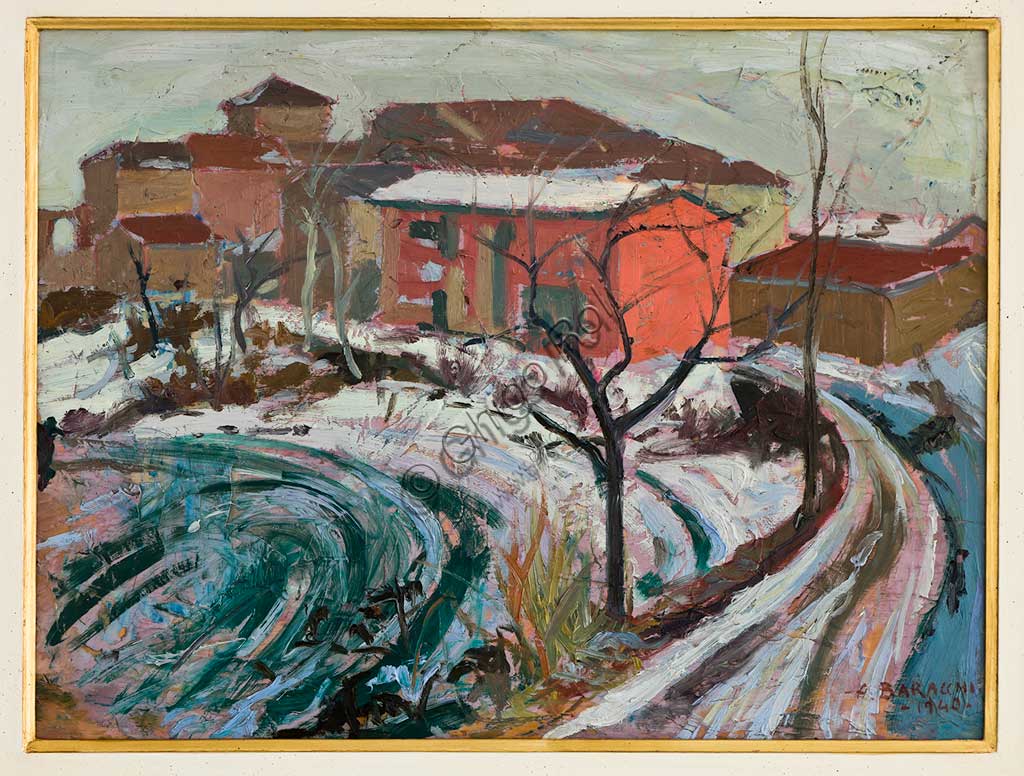 Collezione Assicoop Unipol:  Augusto Baracchi (1878-1942); "Nevicata a Carpi"; olio su cartone.