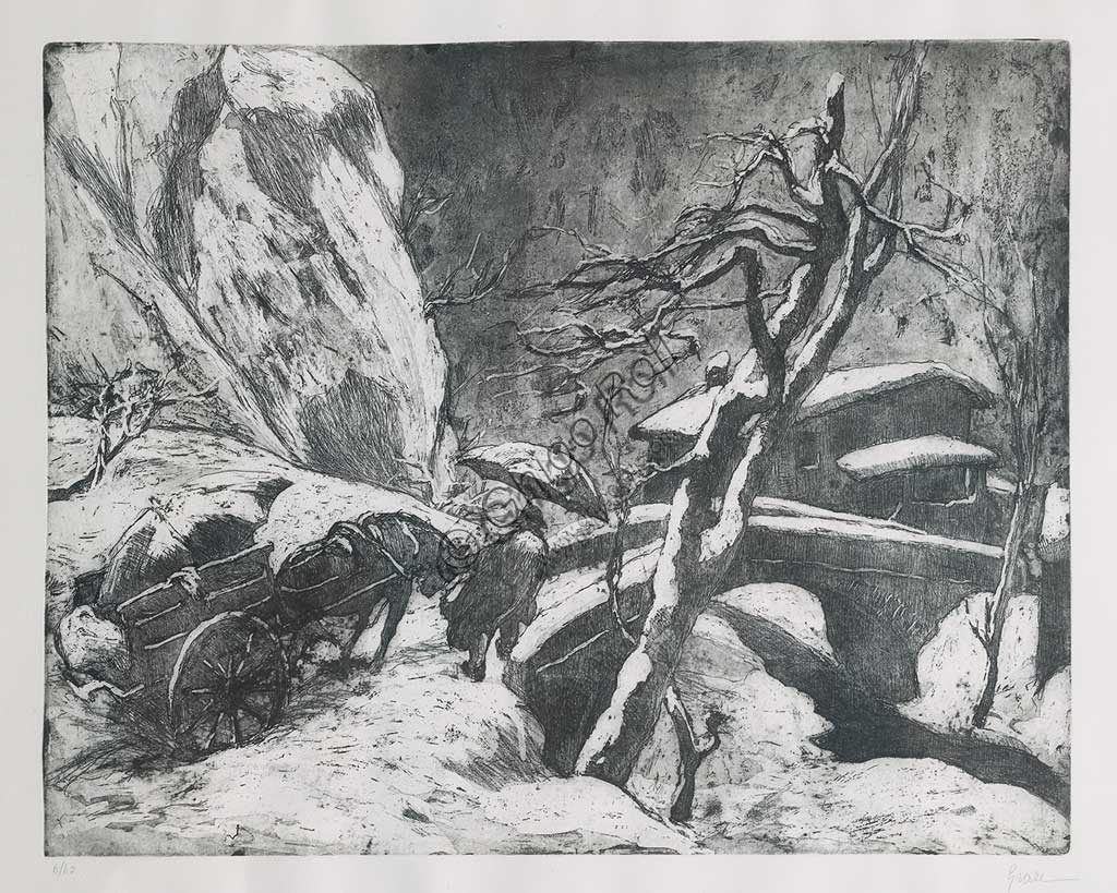 Collezione Assicoop - Unipol: "Nevicata in montagna", acquaforte e acquatinta su carta, lastra di Giuseppe Graziosi (1879 - 1942).