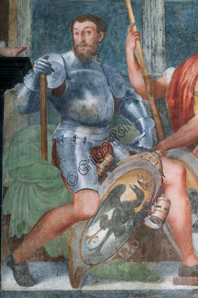 Genoa, Villa del Principe (Palazzo di Andrea Doria), the Loggia of the Heroes: Andrea Doria's ancestors . Detail of nobleman with armor and shield. Fresco by Perin del Vaga (Pietro Bonaccorsi), 1530 - 1533.