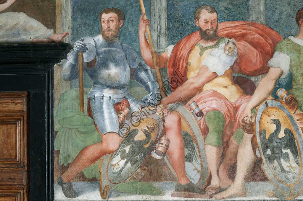 Genoa, Villa del Principe (Palazzo di Andrea Doria), the Loggia of the Heroes: Andrea Doria's ancestors . Detail of noblemen with armor and shield. Fresco by Perin del Vaga (Pietro Bonaccorsi), 1530 - 1533.