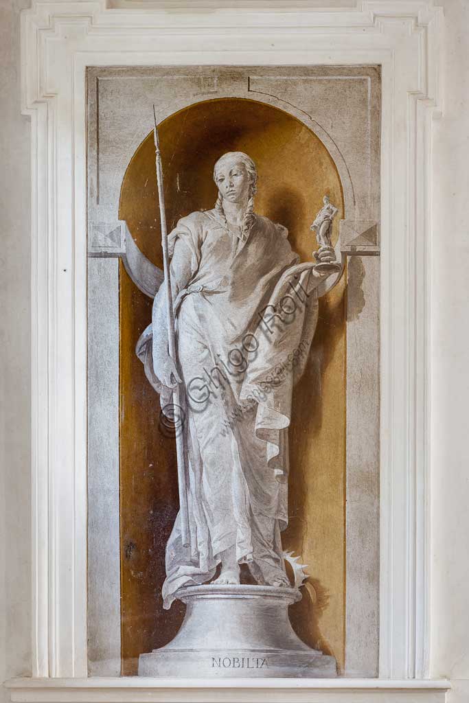 Villa Loschi  Motterle (già Zileri e Dal Verme),  scalone:  "La Nobiltà", cioè figura di donna che regge una piccola statua di Minerva. Affresco monocromo di Giambattista Tiepolo (1734).