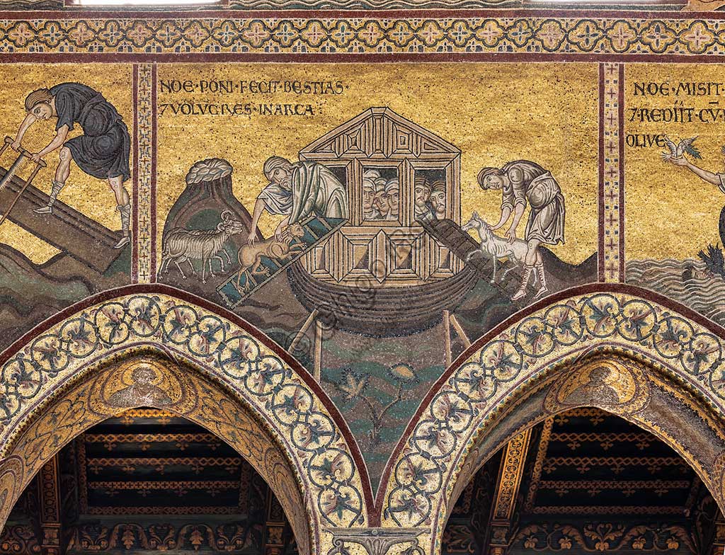 Monreale, Duomo: "Noè fa caricare gli animali sull'Arca."  Ciclo del Vecchio Testamento - Diluvio Universale, Mosaici bizantini, XII - XIII sec.Iscrizione latina:  "NOE PONI FECIT BESTIAS ET VOLUCRES IN ARCA".