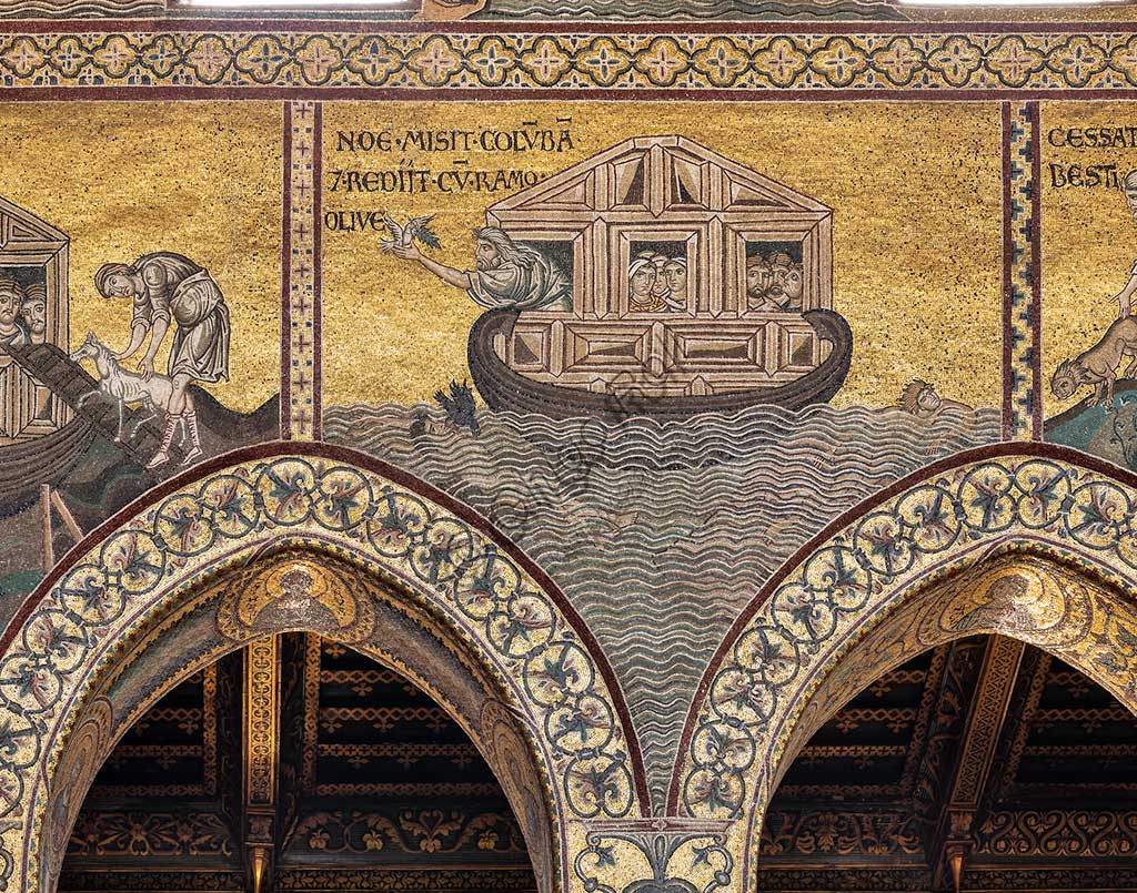 Monreale, Duomo: "Noè fa caricare gli animali sull'Arca."  Ciclo del Vecchio Testamento - Diluvio Universale, Mosaici bizantini, XII - XIII sec.Iscrizione latina:  "NOE PONI FECIT BESTIAS ET VOLUCRES IN ARCA".