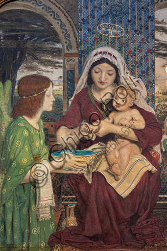 Nostra Signora dei Bravi Bambini", (1847-61) di Ford Madox Brown (1821 - 93); acquerello e pittura color oro su carta. Particolare.