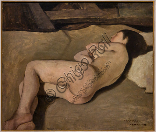 Museo Novecento: "Nude Woman (Study for the afternoon)", by Felice Casorati, 1922. Oil painting on cardboard.