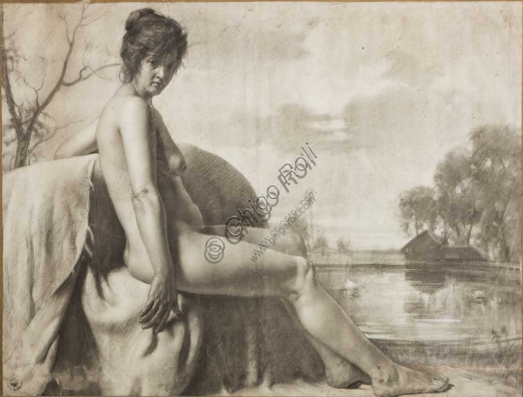 Collezione Assicoop Unipol:Giovanni Muzzioli (1854 - 1894); "Nudo di Donna"; carboncino, cm. 81 x 107.