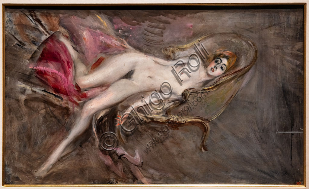 “Nude Woman on Pink Pillows”, by Giovanni Boldini, 1917, oil painting on canvas.