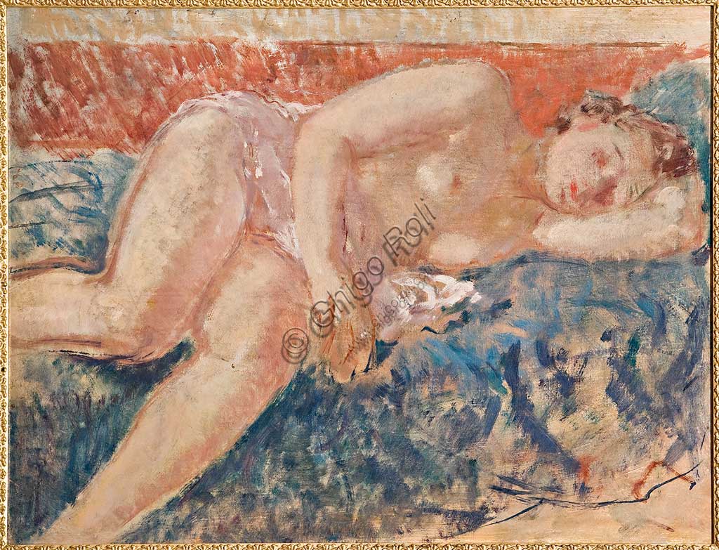 Assicoop - Unipol Collection:    Giovanni Forghieri (1898 - 1944), "Lying Nude Woman". Oil on cardboard, cm 68,5 x 90.