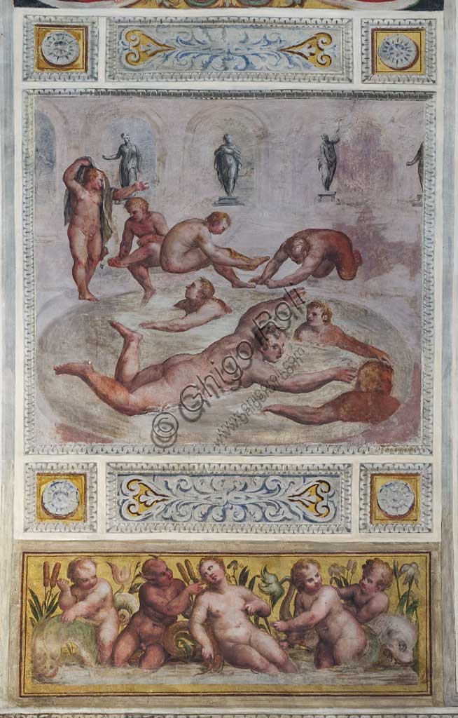 Ferrara, the Castello Estense (the Estense Castle), also known as Castle of St. Michael: detail of the ceiling of the Hall of Games,"Swimming". The frescoes are designed by Pirro Ligorio. The realization of "Swimming" is by Leonardo da Brescia.