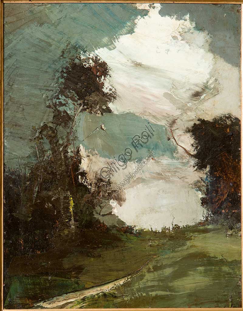 Collezione Assicoop - Unipol: Ubaldo Magnavacca (1885-1957), "Nuvoloni temporaleschi". Olio su cartone intelato, cm. 54 x 41.