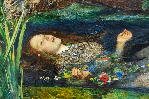  "Ophelia",  (1851-2)  by John Everett Millais (1829 - 96); oil painting on canvas. Detail.