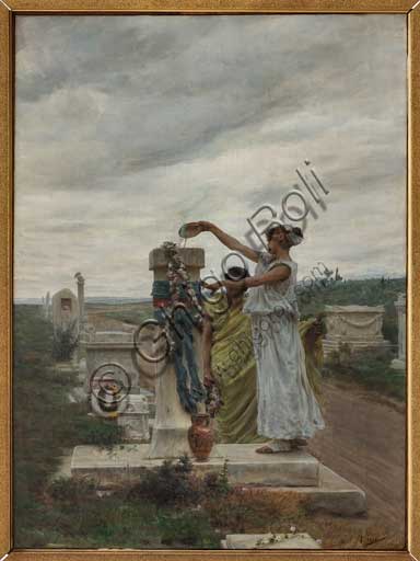 Assicoop - Unipol Collection: Giovanni Muzzioli (1854 - 1894); " Honour to the Heroes (a rite in ancient Greece)" , oil painting on canvas, 86 x 68.