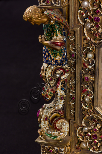   Genoa, Museum of the Treasury of the Cathedral of San Lorenzo: Cabinet of the ashes of St. John the Baptist. Florentine manufacture; XVI-XVII century; silver gilt, enamel, pearls, semi-precious stones. Detail.It was probably a jewelry box, that belonged to the Pinceti family who sold it to the Cathedral.