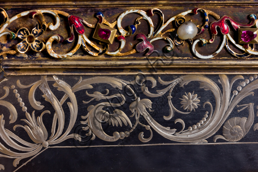   Genoa, Museum of the Treasury of the Cathedral of San Lorenzo: Cabinet of the ashes of St. John the Baptist. Florentine manufacture; XVI-XVII century; silver gilt, enamel, pearls, semi-precious stones. Detail.It was probably a jewelry box, that belonged to the Pinceti family who sold it to the Cathedral.