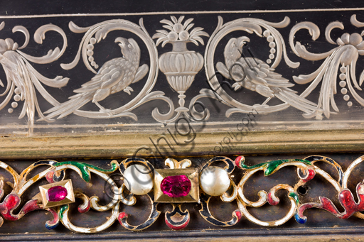   Genoa, Museum of the Treasury of the Cathedral of San Lorenzo: Cabinet of the ashes of St. John the Baptist. Florentine manufacture; XVI-XVII century; silver gilt, enamel, pearls, semi-precious stones. Detail.It was probably a jewelry box, that belonged to the Pinceti family who sold it to the Cathedral.