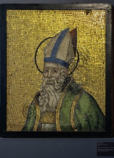  Orvieto, MODO (Museum of the Opera of the  Duomo of Orvieto): St. Ambrose, mosaic with glass and stone tesserae, from the facade of the Cathedral adjacent to the rose, by Piero di Puccio, 1388.