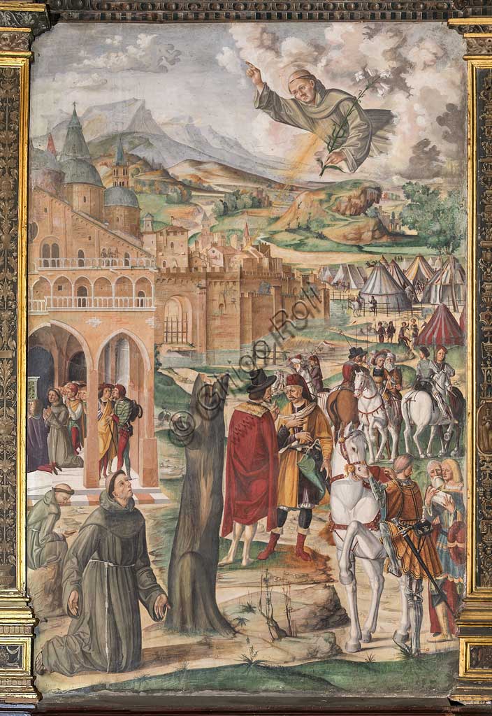 Padova, Basilica di Sant'Antonio o del Santo, Scuola del Santo, Salone: "il Santo appare al Beato Luca Belludi e gli predice la liberazione di Padova", affresco di Filippo da Verona, 1510.