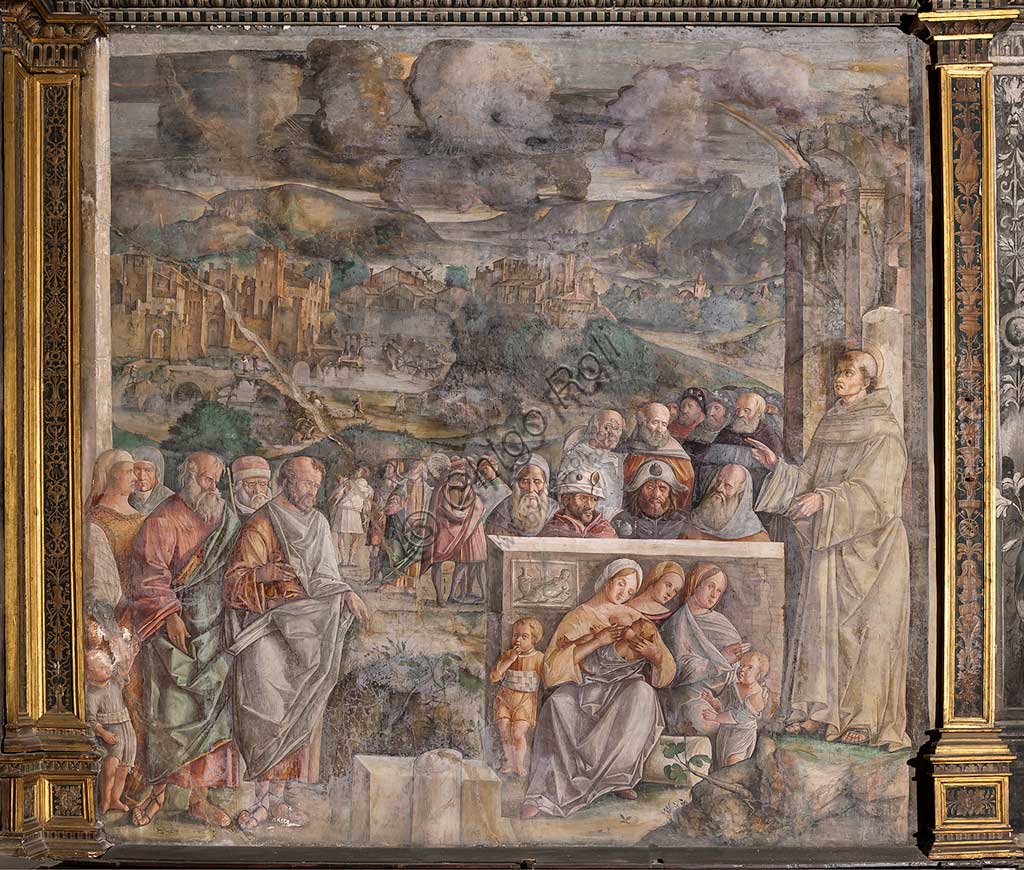 Padova, Basilica di Sant'Antonio o del Santo, Scuola del Santo, Salone:  "Sant'Antonio giunge a Padova, dove riporta la pace tra i cittadini con la forza e la soavità della sua predicazione", affresco di Giovanni Antonio Corona, 1509.