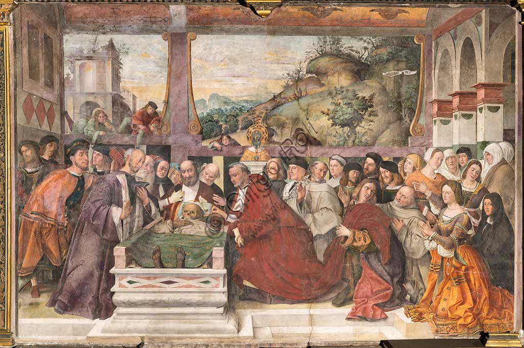   Padua, Basilica di St Anthony or of the Saint, Scuola del Santo (School of the Saint), Salon: "Cardinal Guido of Monfort opens the ark of the Saint (1350)", fresco by Bartolomeo Montagna, 1512. The man with the fur-lined cloak, facing the cardinal, is probably  Jacopo II da Carrara;  the woman in the foreground on the right is his wife Constance.