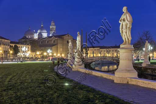   Padua: night view of Prato della Valle square. In the background, the abbey of St. Giustina.
