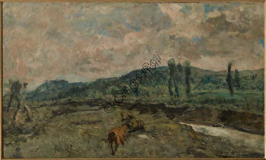 Collezione Assicoop - Unipol: GIUSEPPE GRAZIOSI (1879-1942), "Paesaggio con Carri", olio su tavola, cm. 125 x 75.