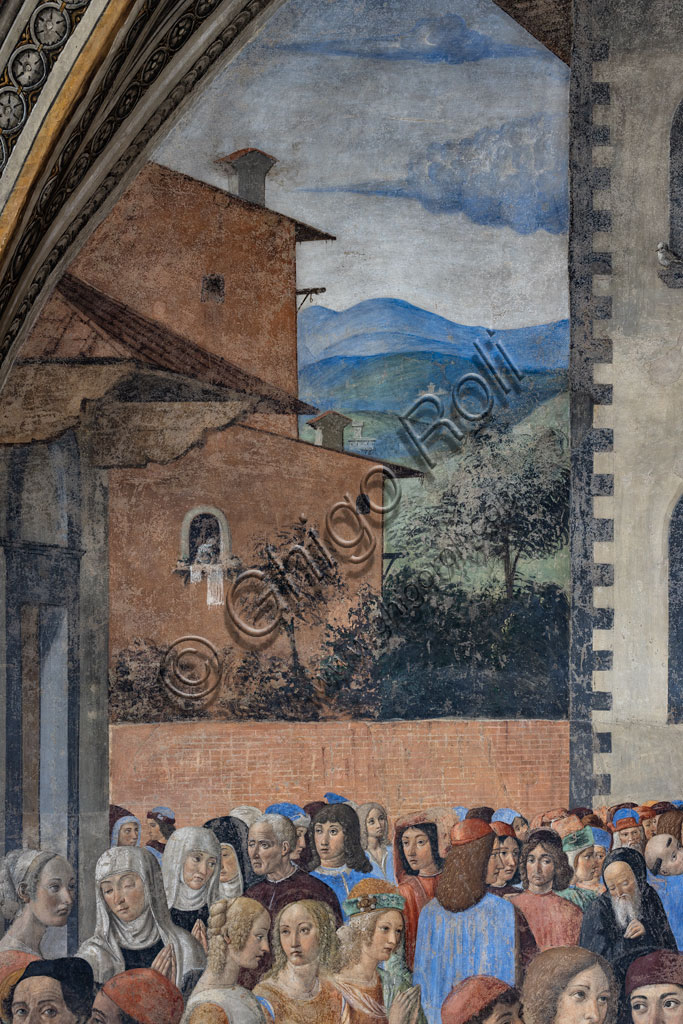 “Miracolo del Sacramento”, affresco di Cosimo Rosselli (1484- 1488): particolare con paesaggio, casa e persone.Firenze, Chiesa di S. Ambrogio, cappella del Miracolo del Sacramento.