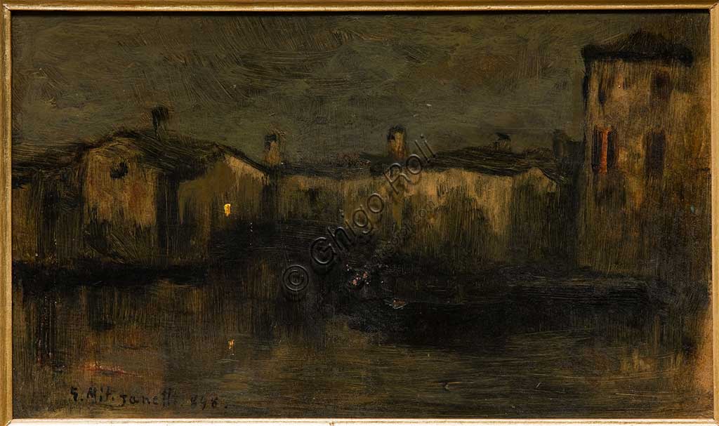 Collezione Assicoop Unipol:  Giuseppe Miti Zanetti, "Paesaggio con case", olio su cartone.