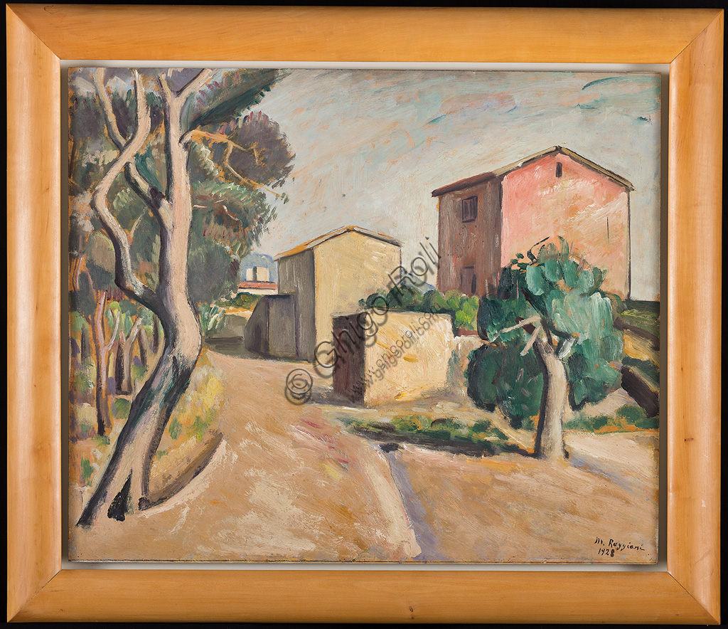 Collezione Assicoop - Unipol: Mauro Reggiani (1897 - 1980): "Paesaggio con case". Olio su tavola,  cm 50 x 60.