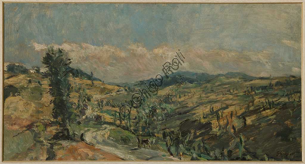Collezione Assicoop - Unipol: GIUSEPPE GRAZIOSI (1879-1942), "Paesaggio  con cipressi", olio su tavola, cm. 102 x 55.
