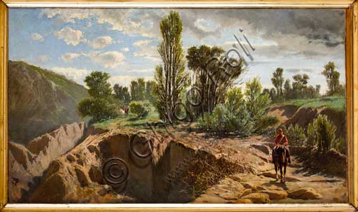 Collezione Assicoop - Unipol, inv. n° 428: Mario Di Scovolo (1840 - 1877), "Paesaggio con garibaldini a cavallo". Olio su tela.