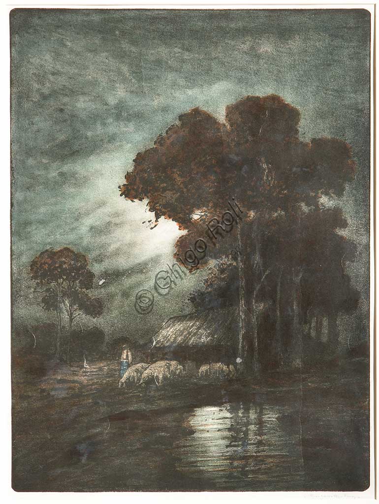 Collezione Assicoop - Unipol: Giuseppe Miti Zanetti (1859 - 1929), "Paesaggio con gregge". Acquaforte, cm 54,4 x 39.