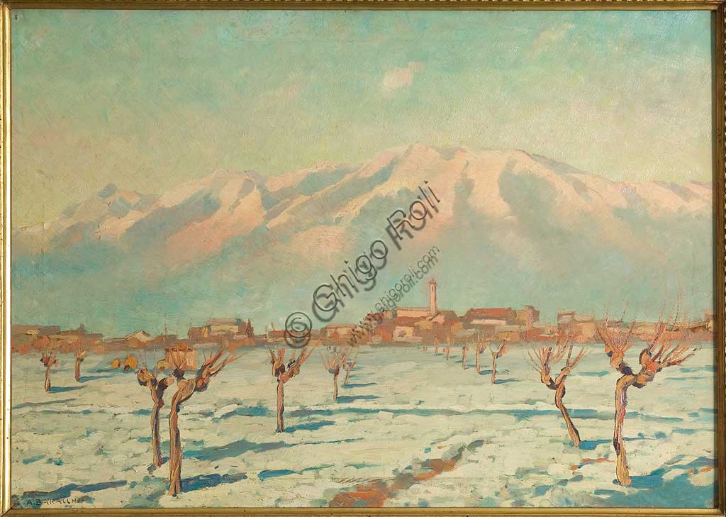 Assicoop - Unipol Collection: "Landscape covered with Snow ", oil on masonite, by Augusto Baracchi (1878 - 1942).