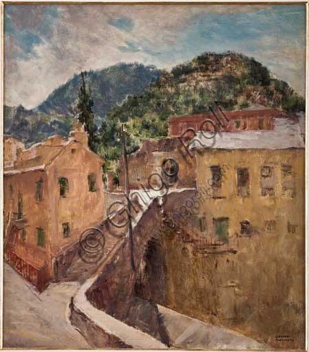 Assicoop - Unipol Collection:  Giovanni Forghieri (1898 - 1944), "Ligurian Landscape". Oil Painting on plywood.