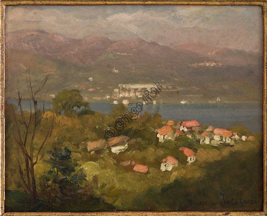 Assicoop - Unipol Collection: Carlo Grossi (1857-1931); "Landscape of Lombardy", oil on cardboard, cm 24 X 30.