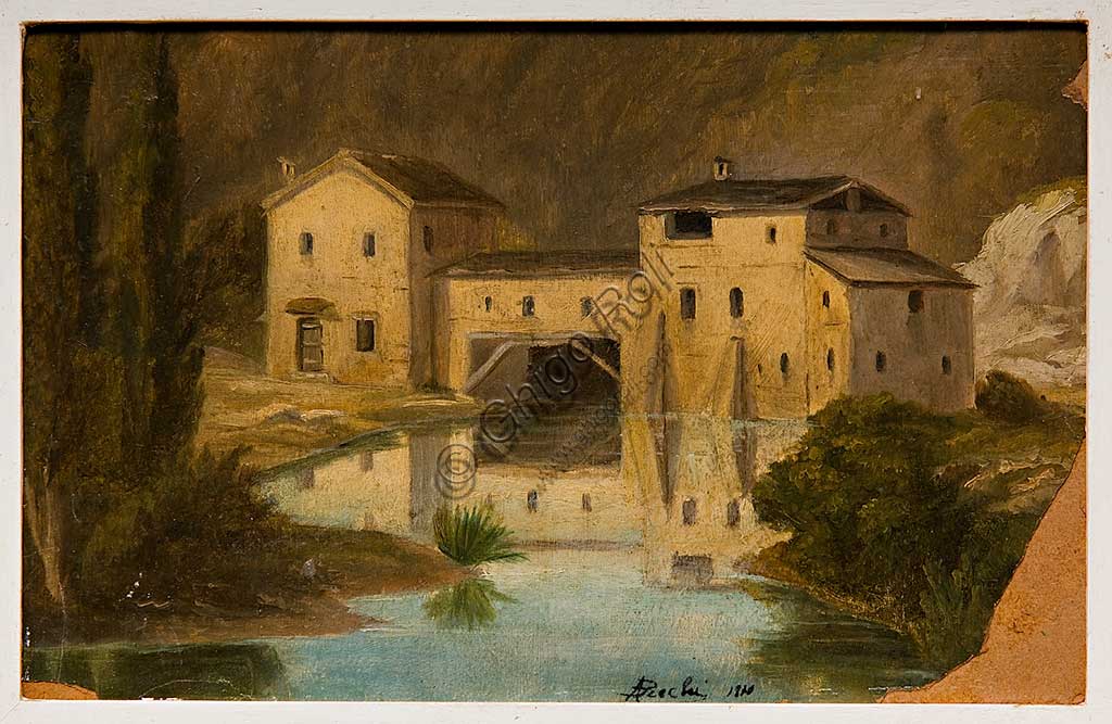 Assicoop - Unipol Collection:  Andrea Becchi (1851 - 1926), "Landscape with Mill"; oil painting on cardboard.