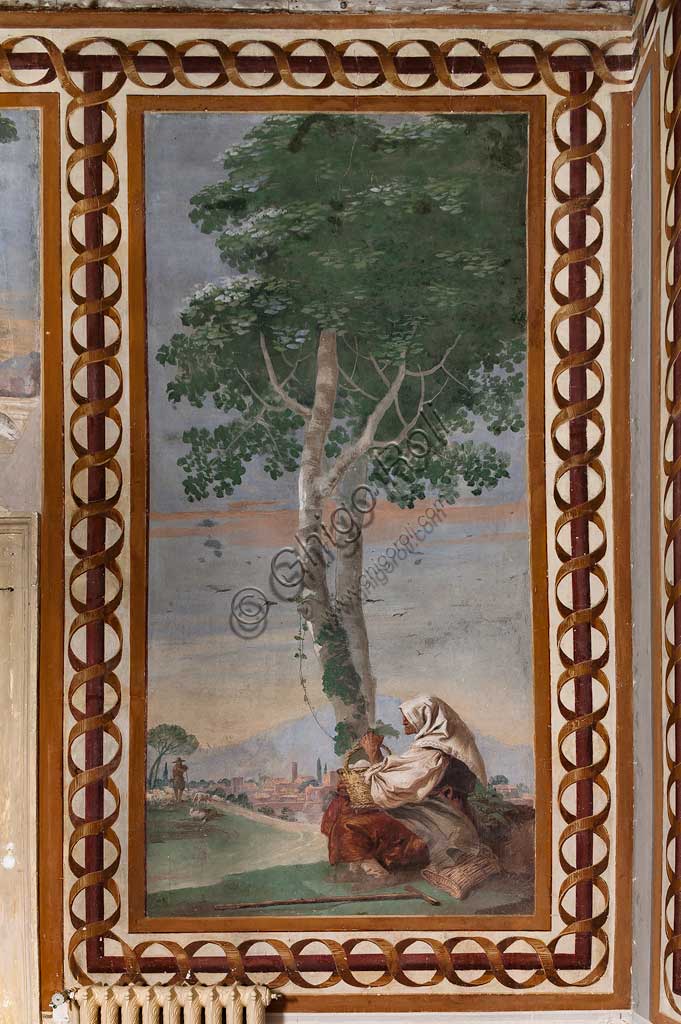 Vicenza, Villa Valmarana ai Nani, Foresteria, Stanza delle Scene Campestri: "Paesaggio con contadina seduta" , affresco di Giandomenico Tiepolo, 1757.