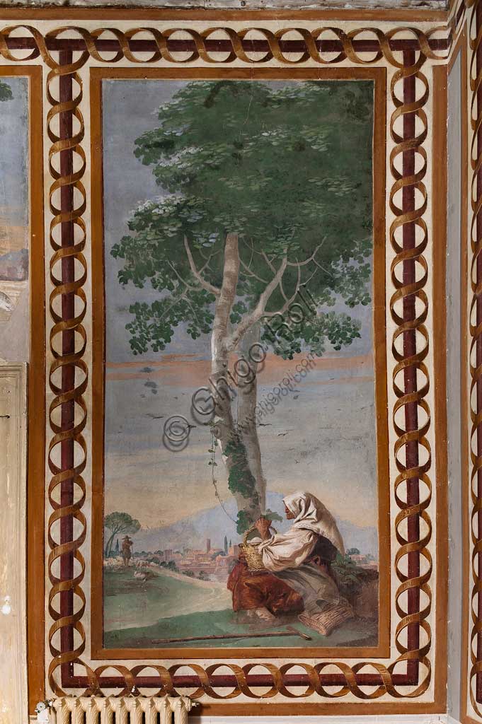 Vicenza, Villa Valmarana ai Nani, Guest Lodgings, Room of the Rural Scenes: "Landscape with a sitting peasant". Frescoes by Giandomenico Tiepolo, 1757.