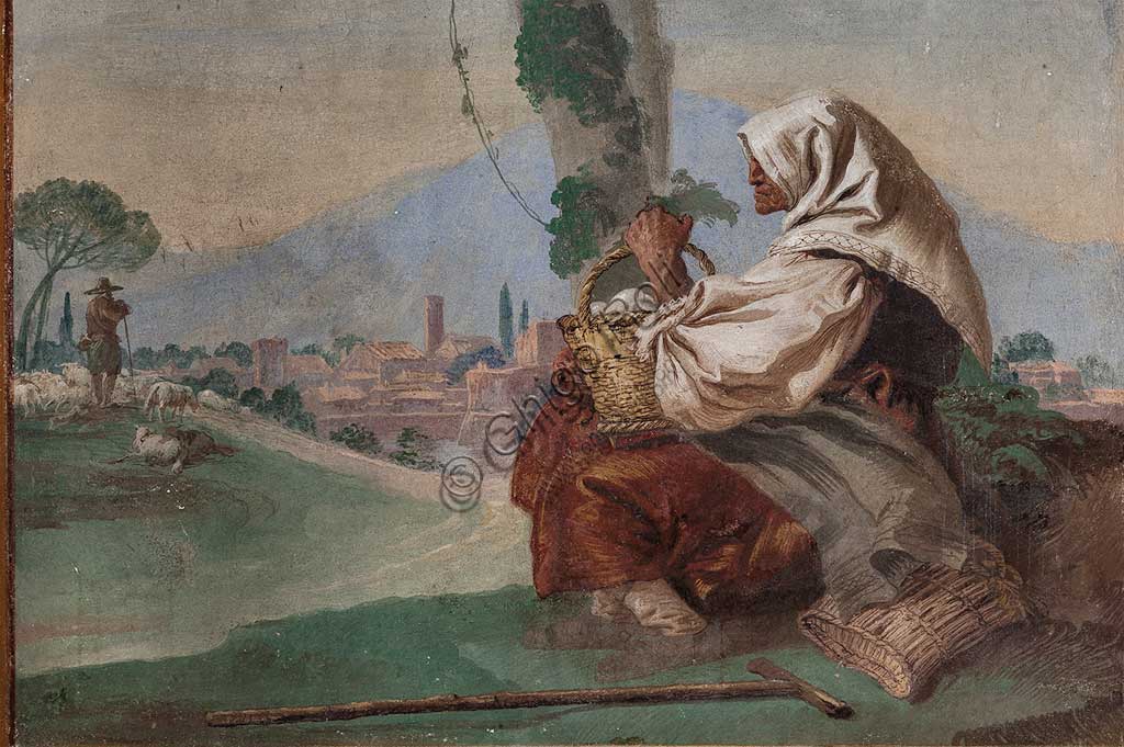 Vicenza, Villa Valmarana ai Nani, Guest Lodgings, Room of the Rural Scenes: "Landscape with a sitting peasant". Frescoes by Giandomenico Tiepolo, 1757. Detail.