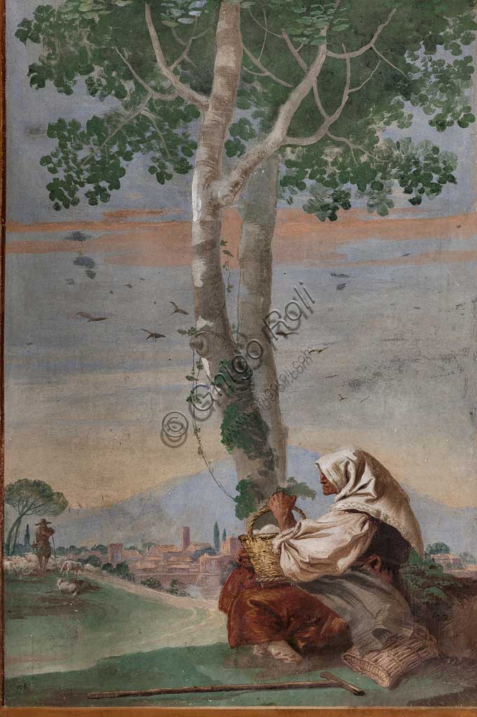 Vicenza, Villa Valmarana ai Nani, Foresteria, Stanza delle Scene Campestri: "Paesaggio con contadina seduta" , affresco di Giandomenico Tiepolo, 1757.