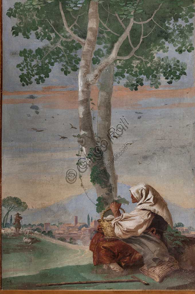 Vicenza, Villa Valmarana ai Nani, Guest Lodgings, Room of the Rural Scenes: "Landscape with a sitting peasant". Frescoes by Giandomenico Tiepolo, 1757.