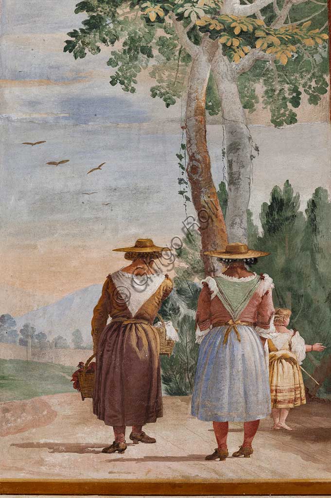 Vicenza, Villa Valmarana ai Nani, Foresteria, Stanza delle Scene Campestri: "Paesaggio con contadine" , affresco di Giandomenico Tiepolo, 1757. Particolare.