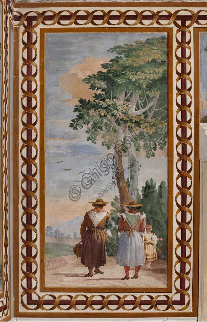 Vicenza, Villa Valmarana ai Nani, Foresteria, Stanza delle Scene Campestri: "Paesaggio con contadine" , affresco di Giandomenico Tiepolo, 1757.